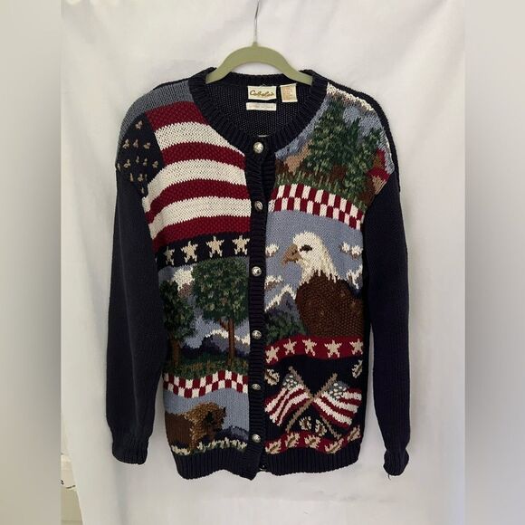 Cabelas Women's  Knitted By Hand Cardigan Sweater America US Flags M - Picture 1 of 6